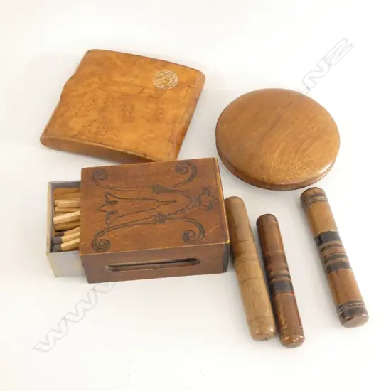 WOODEN ITEMS; ART NOUVEAU MATCH BOX HOLDER W MATCHES / CIGARETTE BOX / 3 NEEDLE HOLDERS & LIDDED COMPACT