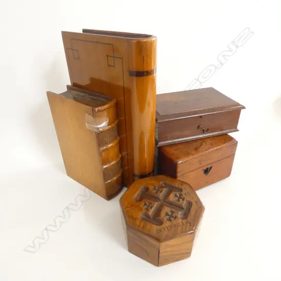 5 ASST SM WOODEN BOXES; 2 BOOKS SHAPED - LARGEST 240 X 150MM