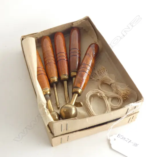 BRASS & TURNED WOOD HANDLED 5-PC VINTAGE TOOL SET - AS NEW 