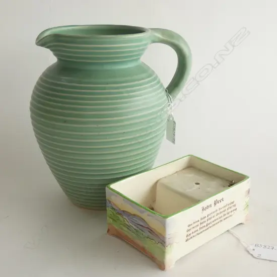 GREEN STUDIO POTTERY RIBBED JUG H. 210MM & CROWN DEVON JOHN PEEL MUSICAL BASE  130 X 87MM
