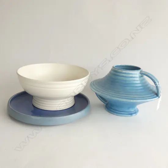 ART DECO HASSMAN BLUE VASE (H180MM), WEDGWOOD WHITE BOWL (DIA 207MM)& NZ PLATE 