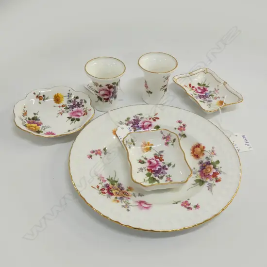 ROYAL CROWN DERBY PLATE, 3 DISHES & POSIE VASES