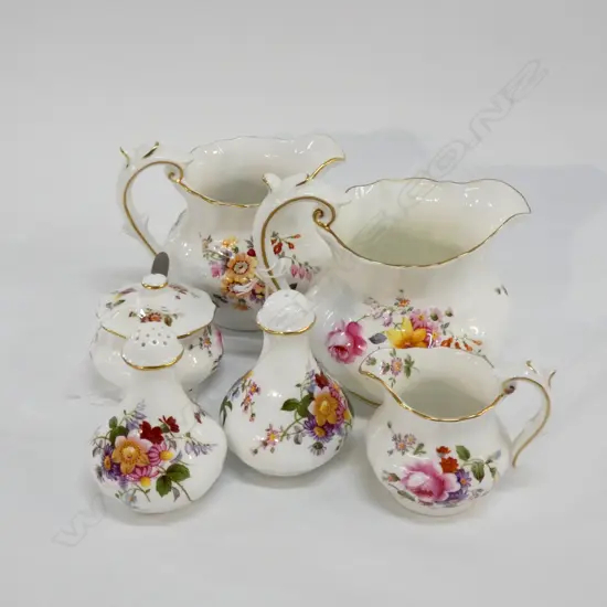 ROYAL CROWN DERBY 3 GRADUATED JUGS, 3 PCE CONDIMENT SET