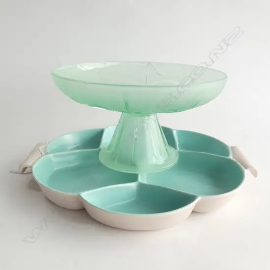 VINTAGE GREEN GLASS FOOTED DISH (DIA 235MM) & POOLE TWINTONE 6 SECTION DISH DIA  330MM