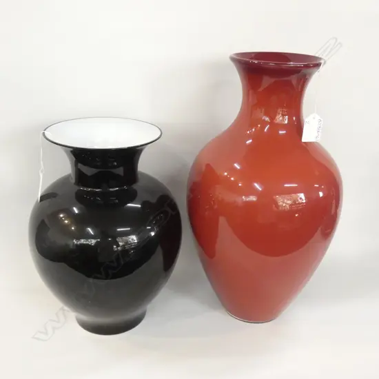 2 LG MURANO GLASS VASES; ONE BLACK & ONE RUST - LARGEST H. 410MM Ex Sultan of Brunei