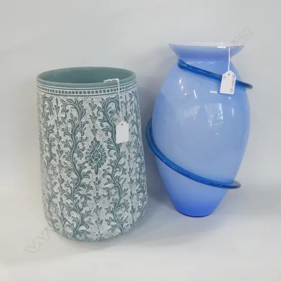 LG BLUE GLASS VASE W TRAILINGS H 370MM   + 1 OTHER Ex Sultan of Brunei