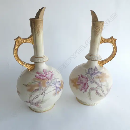 PR LG 19TH CENT. OLD HALL 1790 EWERS - GOLD GILDED HANDLES & CRACKLE GLAZE FLORAL DESIGN H. 435MM