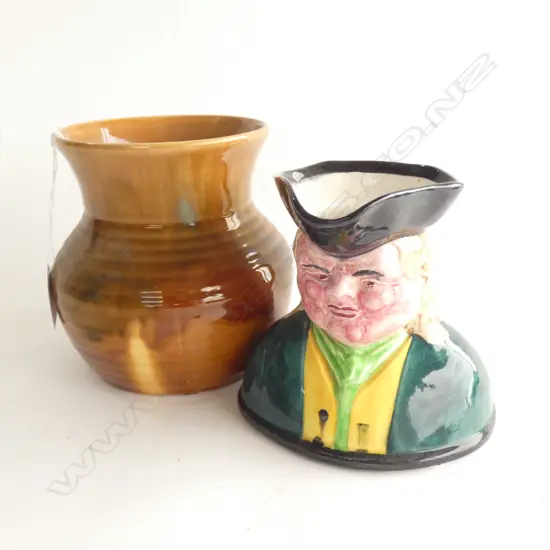 CROWN LYNN; BROWN GLAZE VASE (H 150MM) & CHARACTER JUG H. 130MM