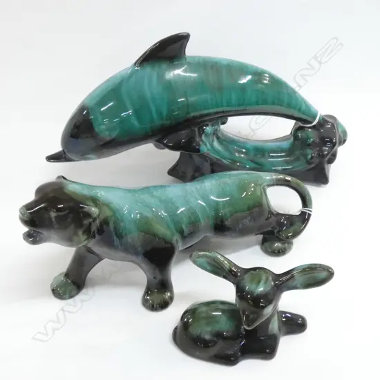 3 PIECES BLUE MOUNTAIN CHINA DOLPHIN, FAWN & TIGER