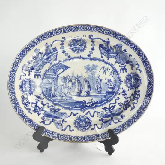 OLD BLUE & WHITE OVAL PLATTER C1878  350 X 285MM