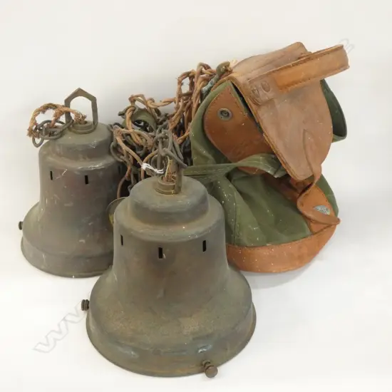 PAIR VINTAGE BRASS LARGE LIGHT GALLERIES + LEATHER CANVAS STITCHED BAG