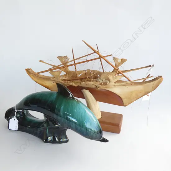 OLD WOOD & BONE CARVED SAILING SHIP (A/F) L 370MM + BLUE MOUNTAIN POTTERY DOLPHIN L 320MM