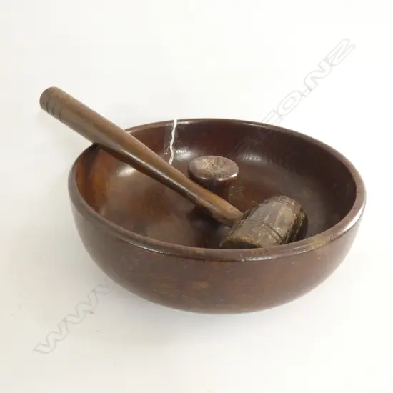 ANTIQUE WOODEN  GAVEL & NUT BOWL (DIA 225MM)