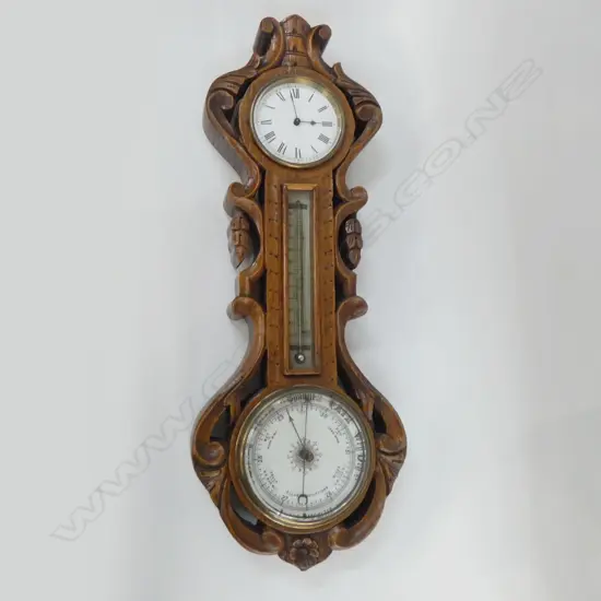 CARVED WOODEN FRAMED WALL CLOCK WITH THERMOMETER & BAROMETER H. 540MM