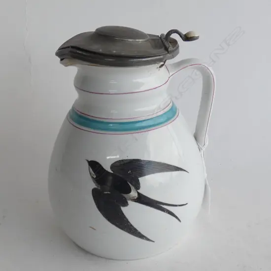 ANTIQUE LOVATTS JUG SWALLOWS - PEWTER LID  H 190MM