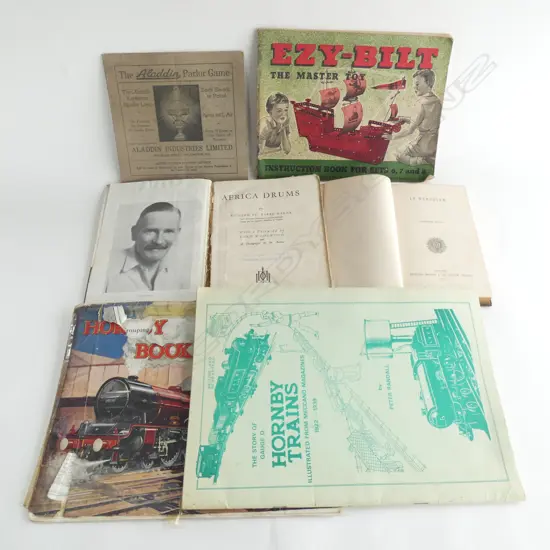 ASST VINTAGE PHAPHLETS ETC. 2X HORNBY + 'THE ALADDIN PARLOUR GAME'...