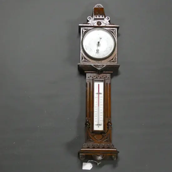 VINTAGE CARVED WOODEN BAROMETER & THERMOMETER H. 640MM