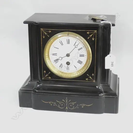 19TH C EBONY SLATE MANTLE CLOCK, WITH KEY H 215MM