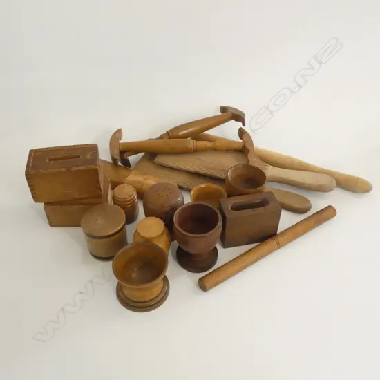 BOX ASST SM WOODEN ITEMS INCL BUTTER PATS / MATCHBOX HOLDERS ETC.