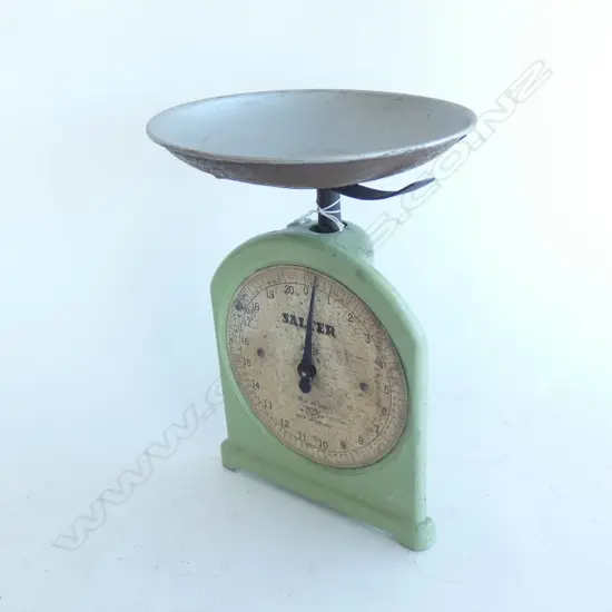 VINTAGE GREEN PAINTED SALTER SCALES w ALUMINIUM DISH H. 300MM