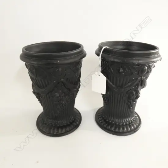 PR ANTIQUE BLACK GLASS VASES - EMBOSSED ANCHOR STAMP & RD NO ON BASE H. 145MM - SOME SM CHIPS 