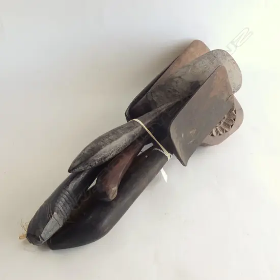 5 MELANESIAN WOODEN IMPLEMENTS, MASSIM TAPA BEATER, SAGO SPATULAS, LADLE