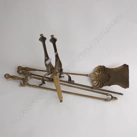 3 PC BRASS FIRE TOOL SET & PR FIRE DOGS 