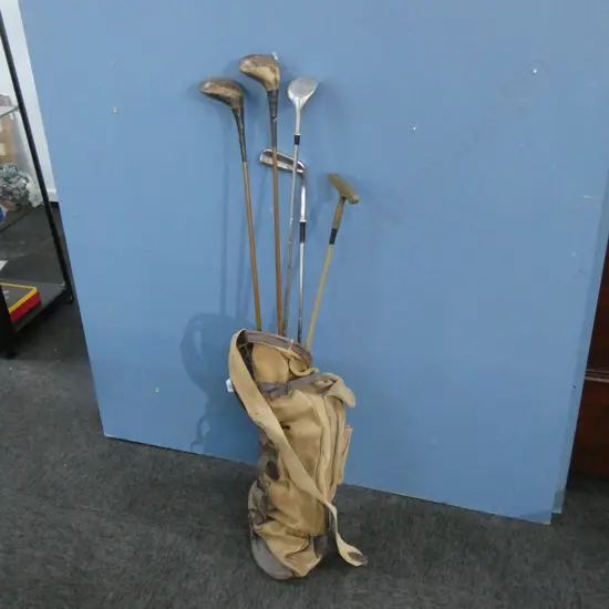 FIVE VINTAGE GOLD CLUBS IN GOLF BAG
