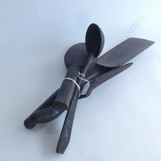 5  MELANESIAN WOODEN IMPLEMENTS, SAGO SPATULAS, CARVED TAPA PATTERN