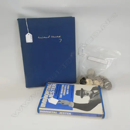 2 CHURCHILL BOOKS + BAG OF COINS