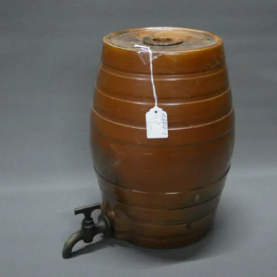 ANTIQUE BROWN SALT GLAZE BARREL KEG W TAP H 275MM