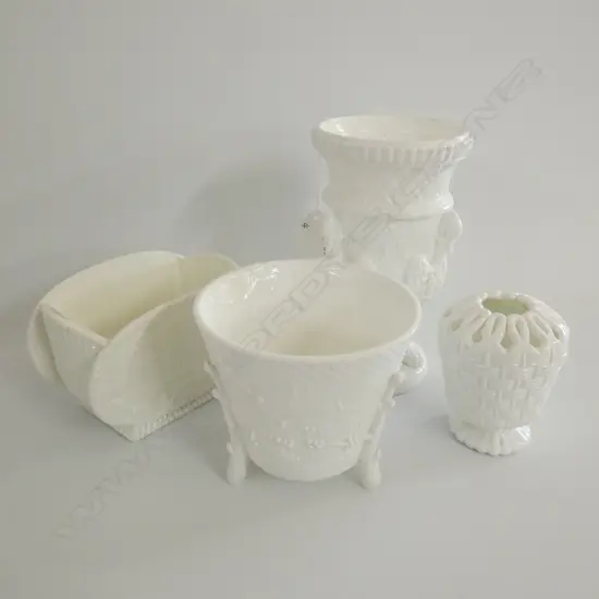FOUR ASST ANTIQUE MILK GLASS VASES - 1 EMBOSSED WITH BIRDS H. 175MM