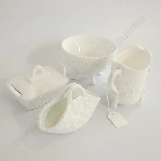 FOUR PCS ASST ANTIQUE WHITE GLASS; BOWL & JUG / LIDDED DISH L 120MM & BASKET VASE