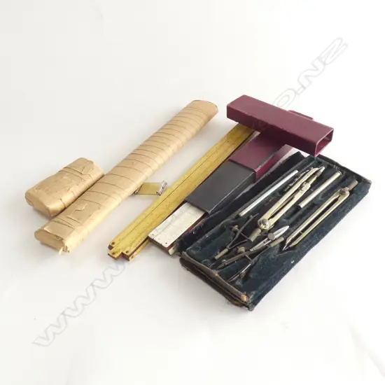 VINTAGE CASED COMPASS SET (CASE A/F)  & 2 SLIDE RULES 