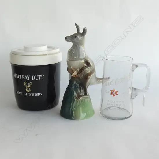 3 WHISKY ITEMS; LG MACLEAY DUFF ICE BUCKET / GLASS JUG & JIM BEAM KANGAROO DECANTER