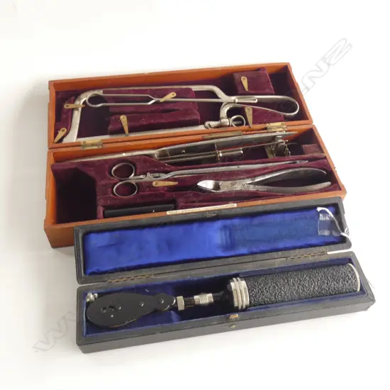 VINTAGE CASED SURGEONS TOOL SET + CASE OPTOMETRY TOOL (?) 