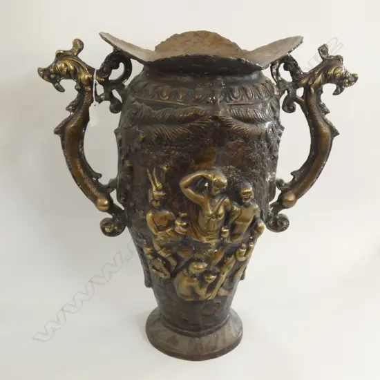 LG HEAVY BRASS MOULDED RELIEF FLOOR VASE - DRAGON HANDLES H. 510MM