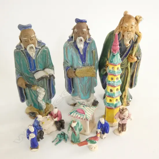 3 ORIENTAL MUD MEN + 9 ASST MINIATURE ORIENTAL POTTERY FIGURES 