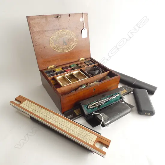 2 VINTAGE SLIDE RULES, COMPASS & ARTISTS SET - ALL IN ORIGINAL BOXES