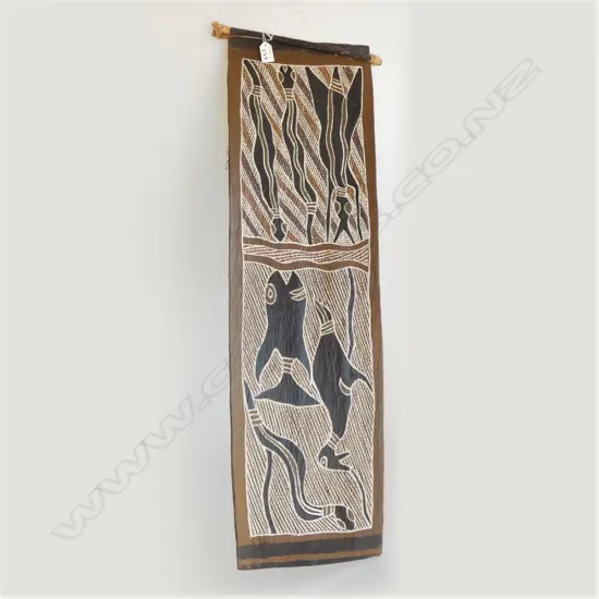 AUSTRALIAN ABORIGINAL BARK PAINTING, SIGNED BALAMBI, DATED 1975. 920 x 265mm