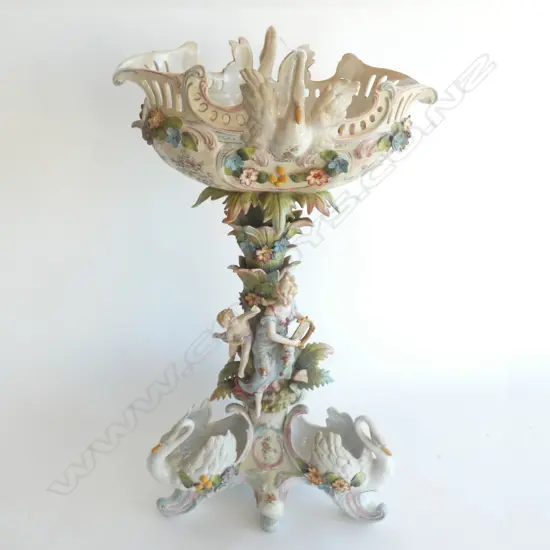 LG ROCOCO STYLE CENTRE PIECE W SWANS, LADY & CHERUB - ATTACHED BOWL ON TOP H. 555MM (see long description)