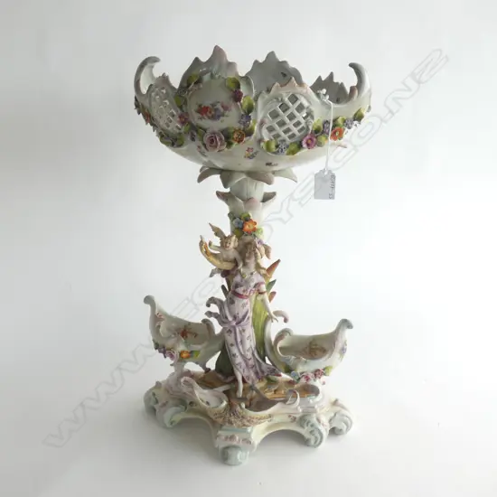 DRESDEN STYLE LATTICE CENTREPIECE BOWL ON ORNATE TALL PEDESTAL WITH LADY, CHERUB & SHELLS H. 525MM see long description