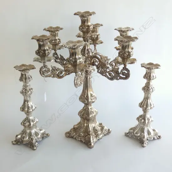 VINTAGE SILVER PLATE CANDLE SET; PR CANDLESTICKS H 335 & 7 ARM CANDELABRA DIA 410 H 525MM