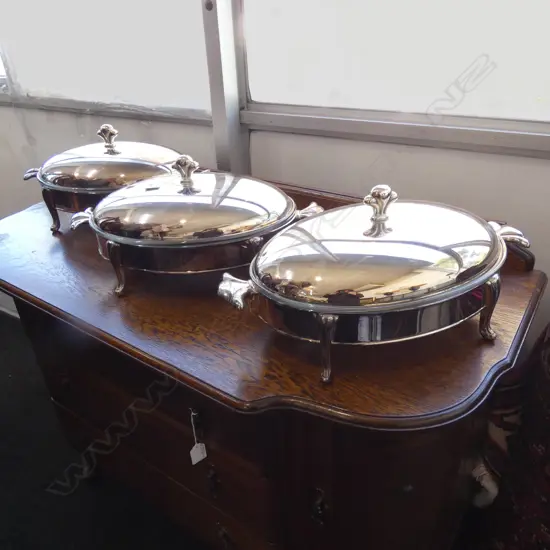 3 LG  SILVER PLATE SERVING DISHES W GLASS INSERTS - FLEUR DE LIS HANDLES L 430MM Ex Sultan of Brunei 