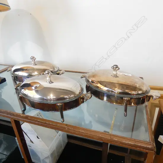 3 LG  SILVER PLATE SERVING DISHES W GLASS INSERTS - FLEUR DE LIS HANDLES L 430MM Ex Sultan of Brunei 