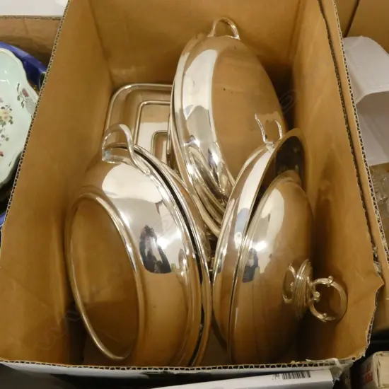 BOX ASST LIDDED SILVER PLATE SERVING DISHES