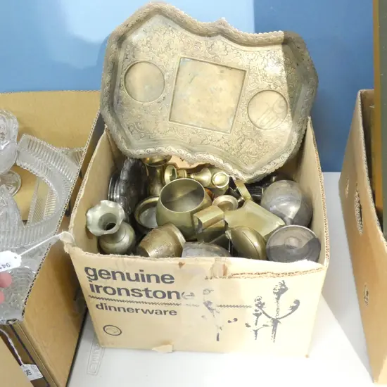 BOX ASST BRASS & SILVER PLATE; GOBLETS / CANDLE HOLDERS 