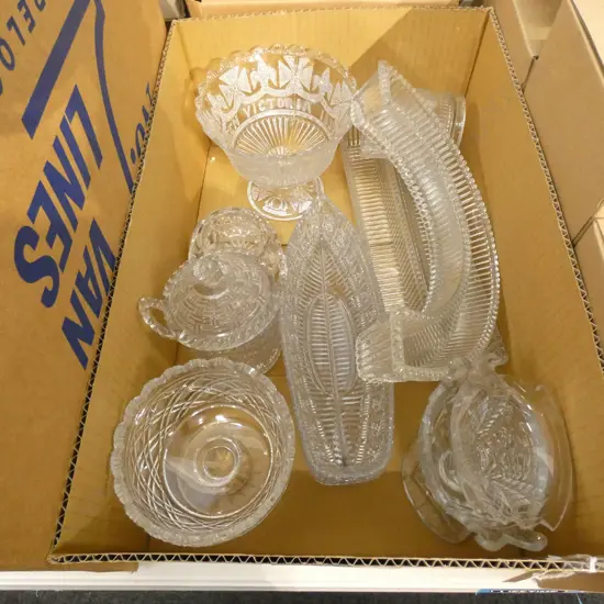 BOX LOT ASST ANTIQUE GLASS; BOWLS / COMPORT/ TROUGH VASES ETC..