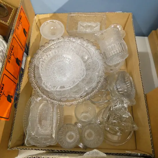GOOD BOX LOT ASST VINTAGE GLASS DISHES/ JUGS / SHOES ETC.