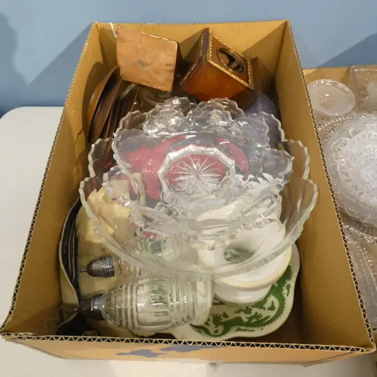 BOX ASST VINTAGE CHINA / GLASS / WOODEN WARE ETC..